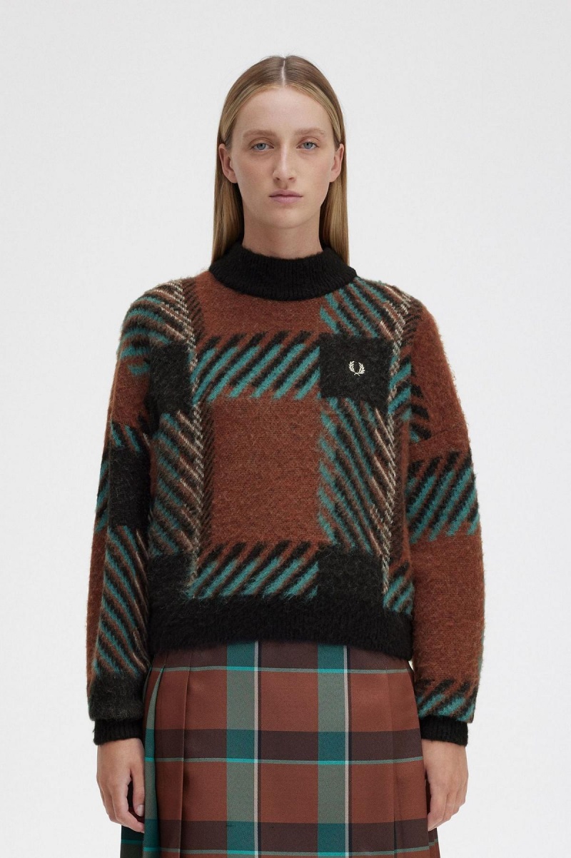 Whisky Brown Fred Perry Glitch Tartan Jumper Women\'s Knitwear | SGZPD20549