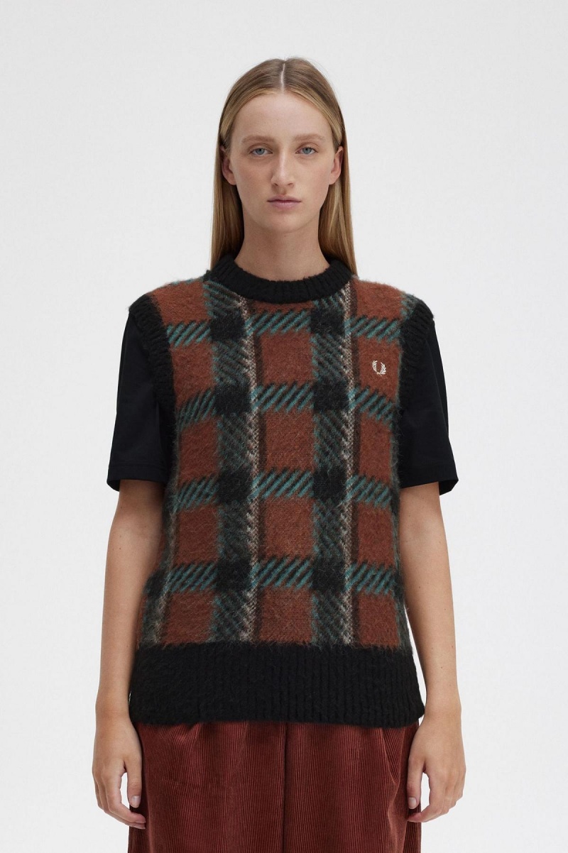 Whisky Brown Fred Perry Glitch Tartan Knitted Tank Women\'s Knitwear | ESGVG93141