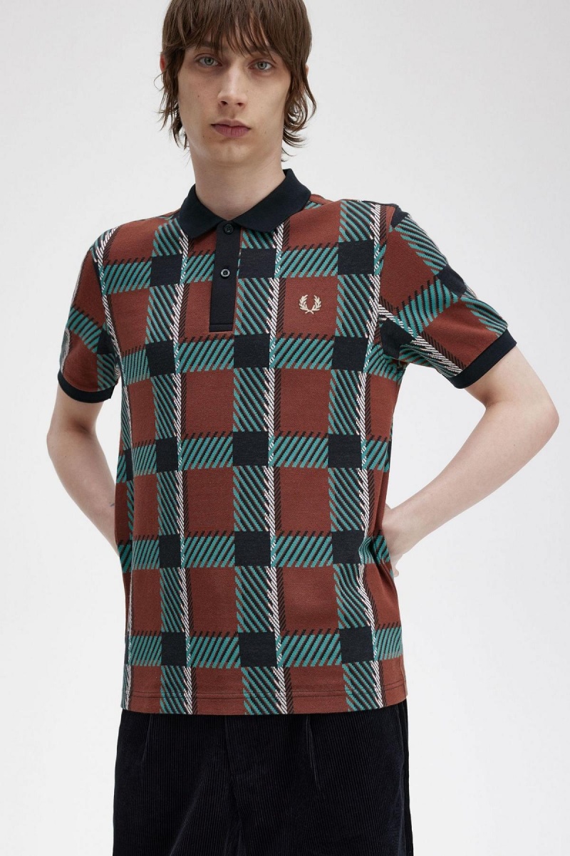 Whisky Brown Fred Perry Glitch Tartan Polo Shirt Men's Polo Shirts | DSGVO14155