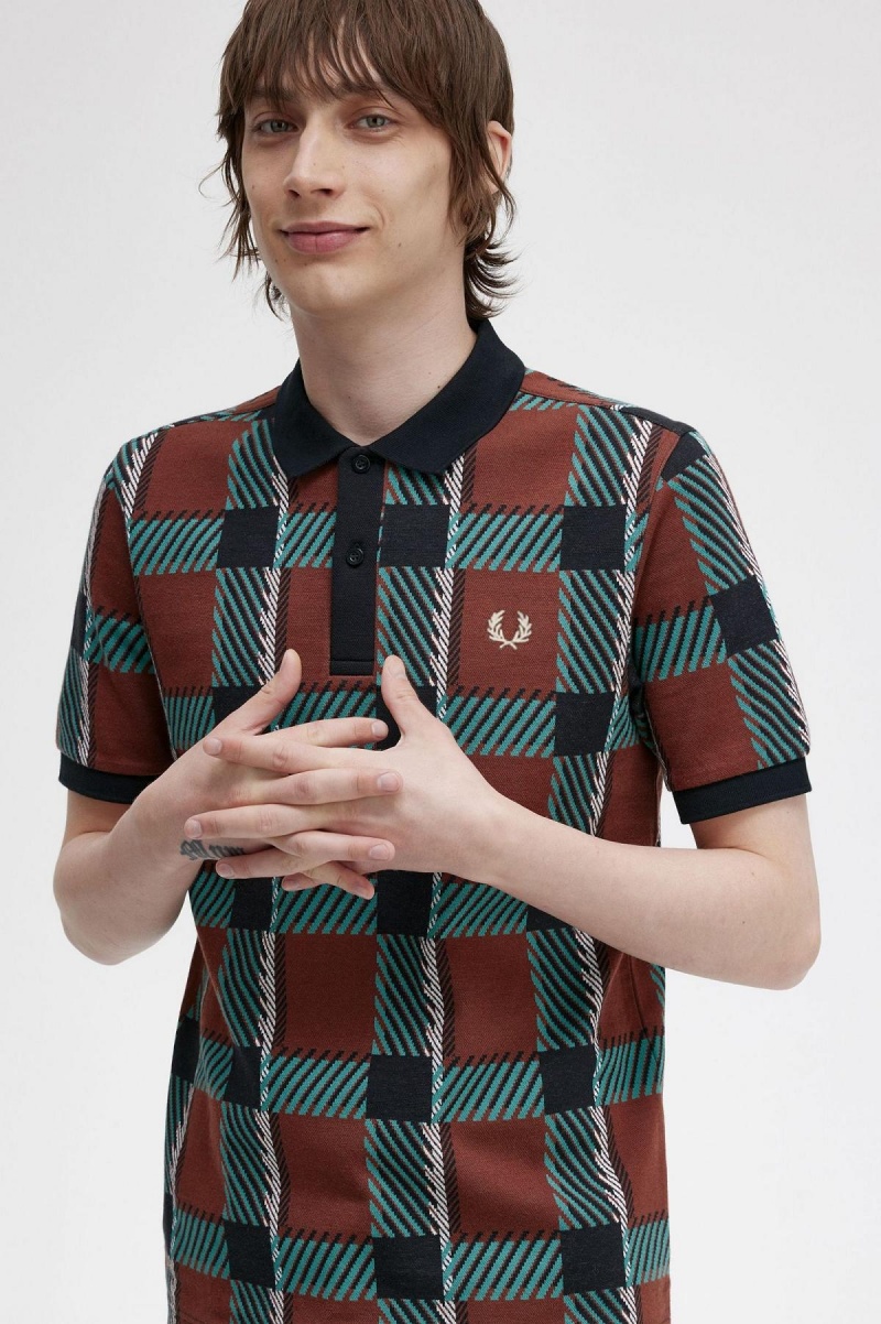 Whisky Brown Fred Perry Glitch Tartan Polo Shirt Men's Polo Shirts | DSGVO14155