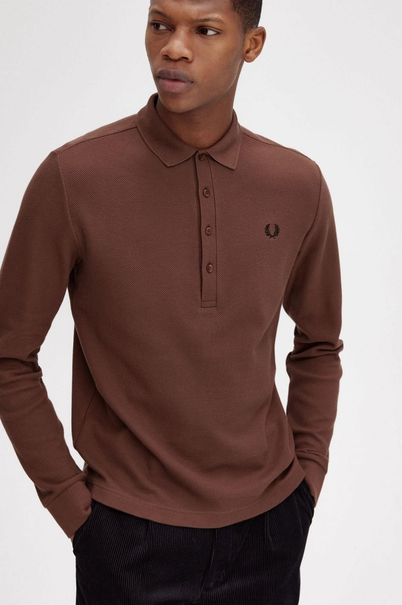 Whisky Brown Fred Perry Honeycomb Cotton Long Sleeve Polo Shirt Men's Polo Shirts | DSGKV65384