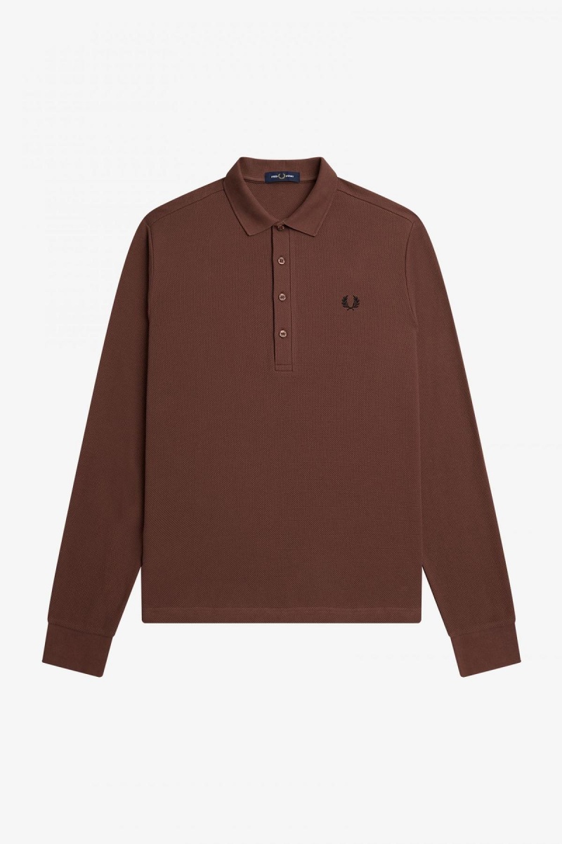 Whisky Brown Fred Perry Honeycomb Cotton Long Sleeve Polo Shirt Men's Polo Shirts | DSGKV65384