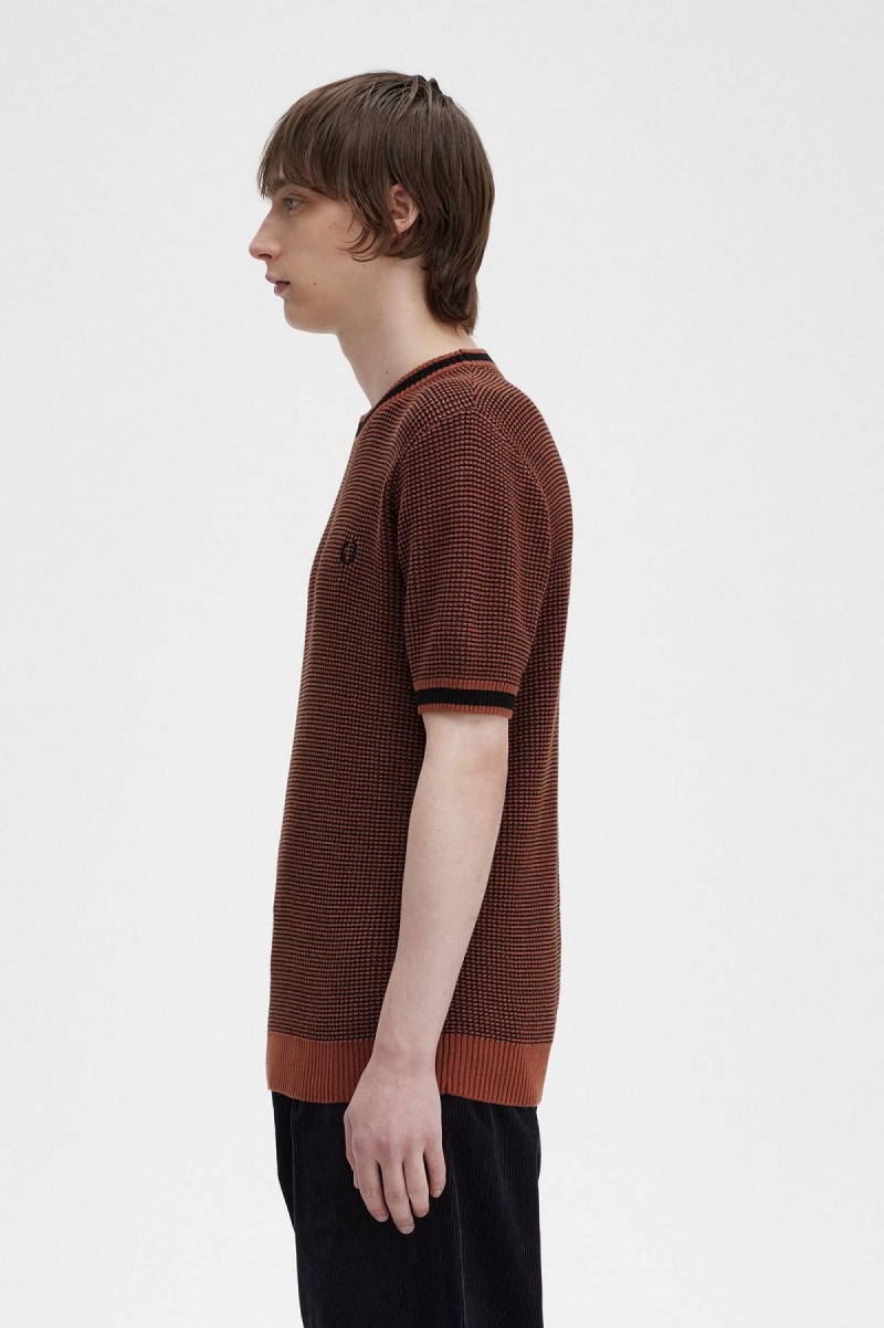 Whisky Brown Fred Perry Textured Knitted T-Shirt Men's Knitwear | GSGUC55429