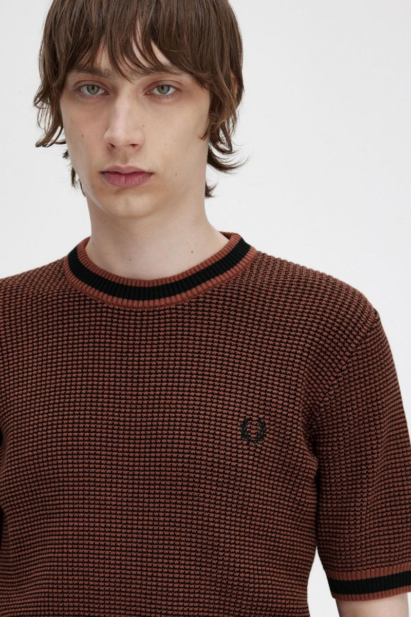 Whisky Brown Fred Perry Textured Knitted T-Shirt Men's Knitwear | GSGUC55429