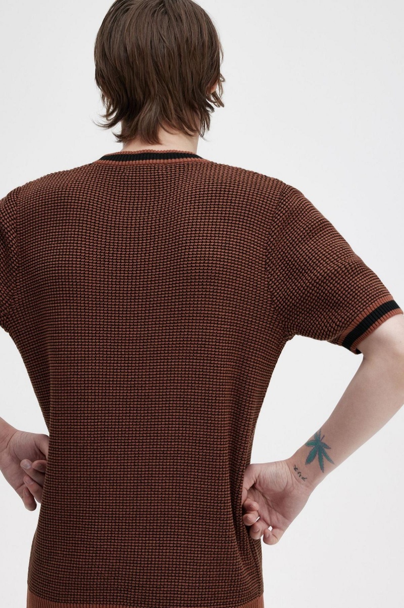 Whisky Brown Fred Perry Textured Knitted T-Shirt Men's Knitwear | GSGUC55429