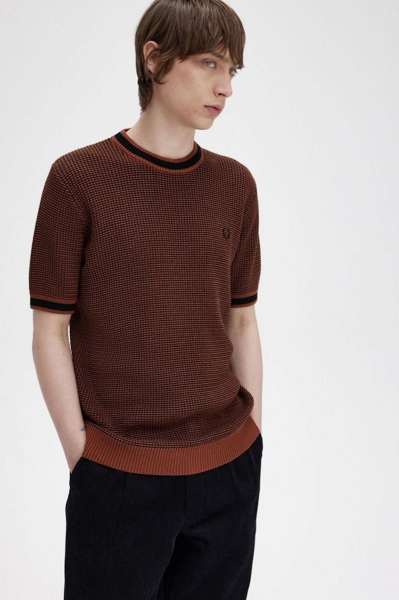 Whisky Brown Fred Perry Textured Knitted T-Shirt Men's Knitwear | GSGUC55429