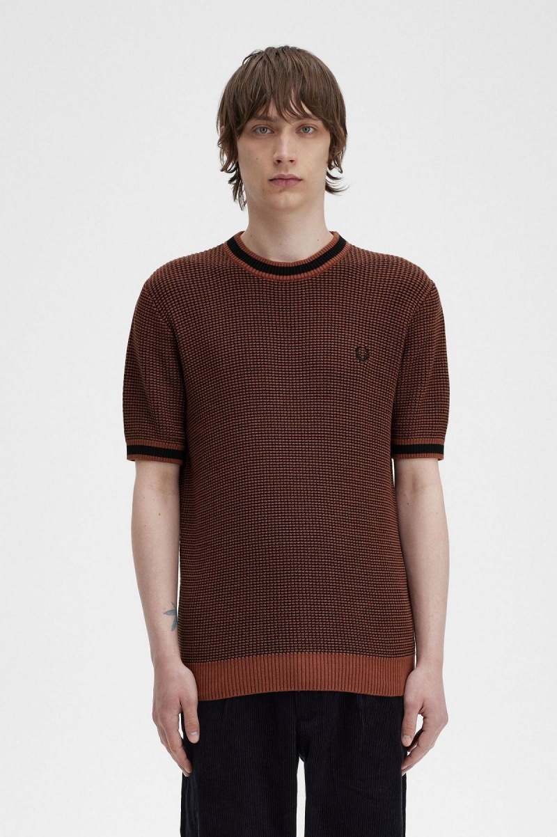 Whisky Brown Fred Perry Textured Knitted T-Shirt Men\'s Knitwear | GSGUC55429