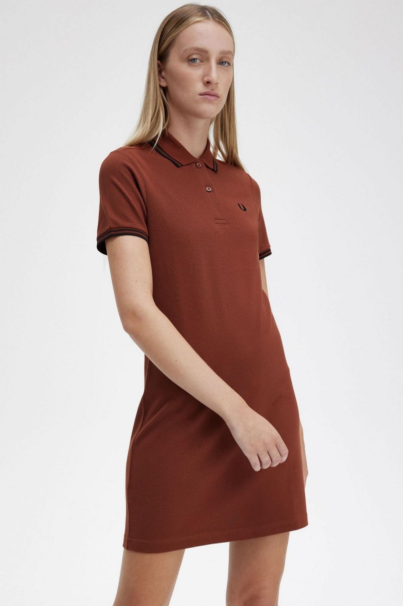 Whisky Brown / Black / Black Fred Perry Twin Tipped Fred Perry Shirt Women's Dress | SGQCS93936