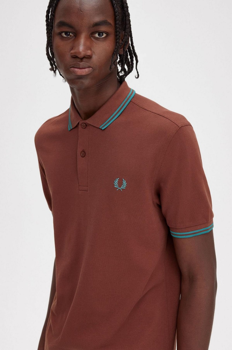 Whisky Brown / Deep Mint / Deep Mint Fred Perry M3600 Men's Polo Shirts | LSGTR55230