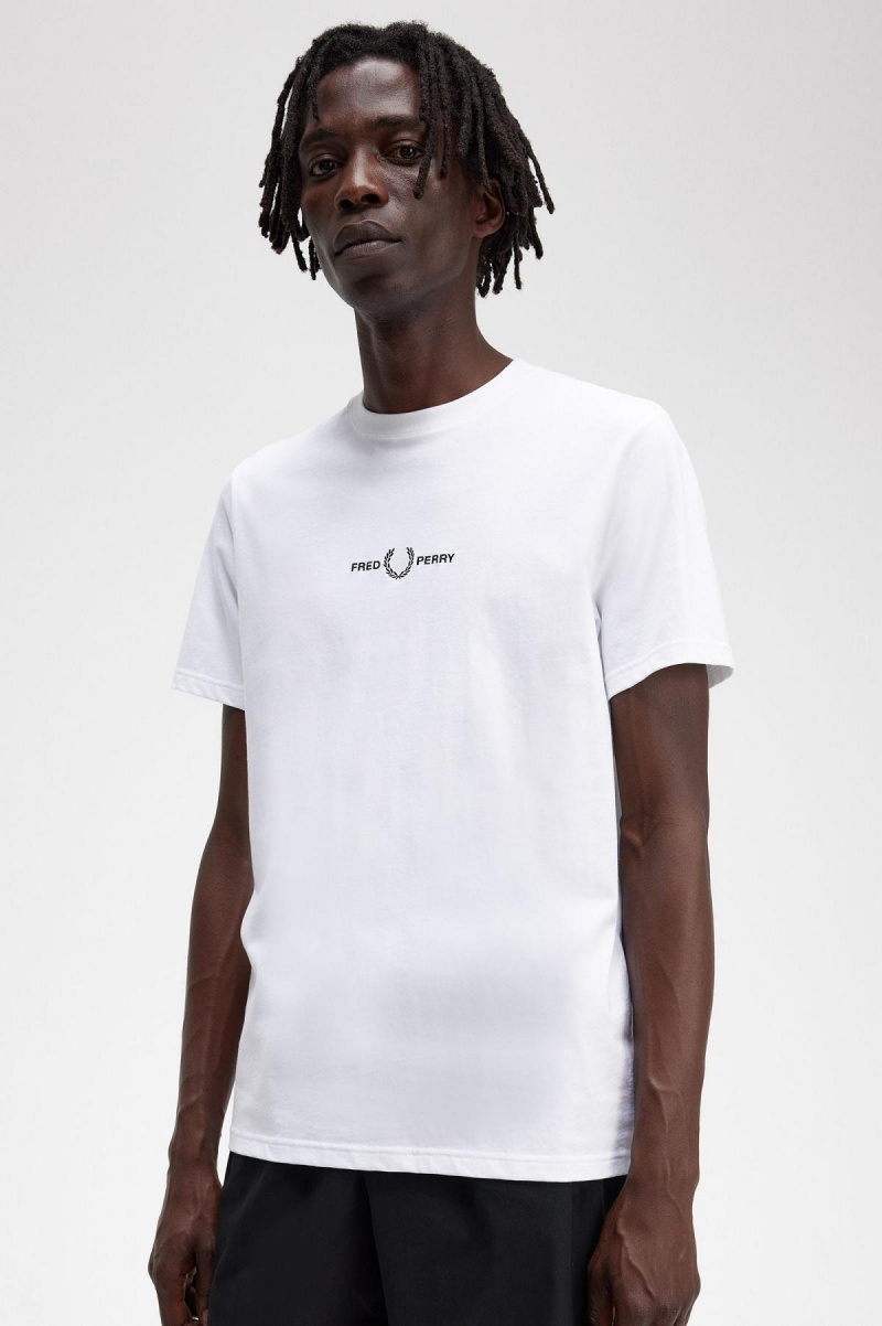 White Fred Perry Embroidered Men's T Shirts | QSGUV24628