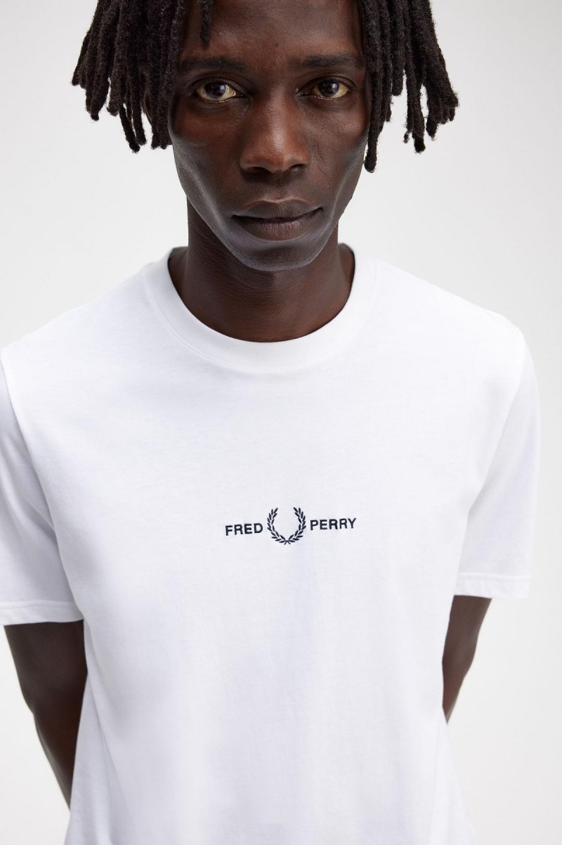 White Fred Perry Embroidered Men's T Shirts | QSGUV24628