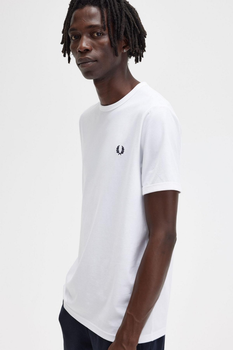 White Fred Perry Ringer Men's T Shirts | QSGWA93297