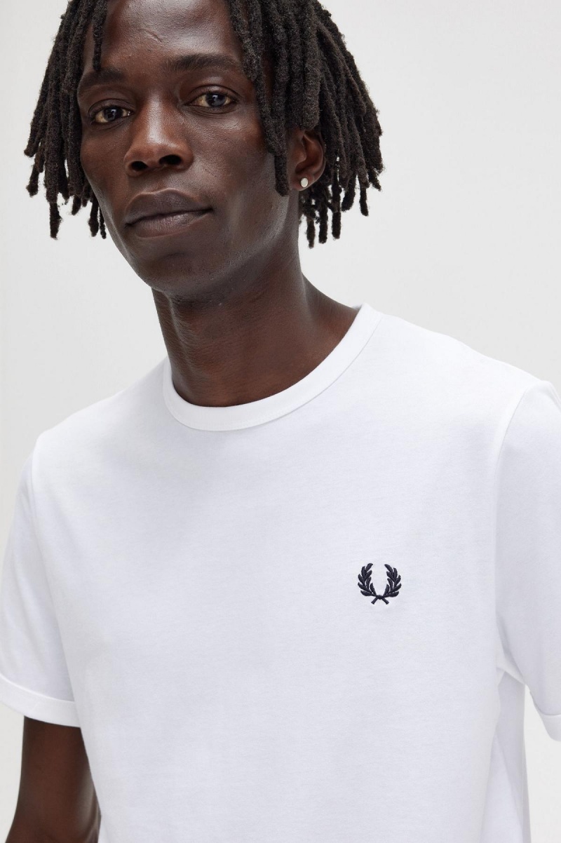 White Fred Perry Ringer Men's T Shirts | QSGWA93297