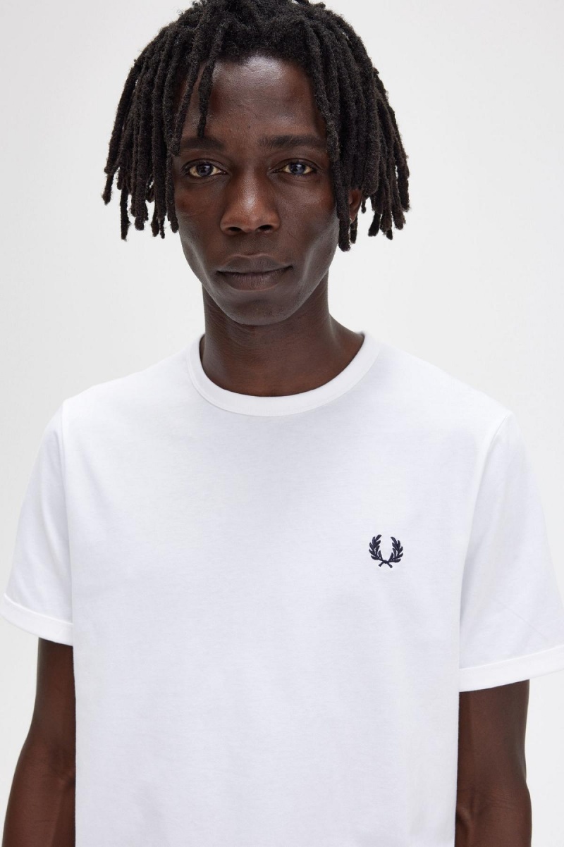 White Fred Perry Ringer Men's T Shirts | QSGWA93297