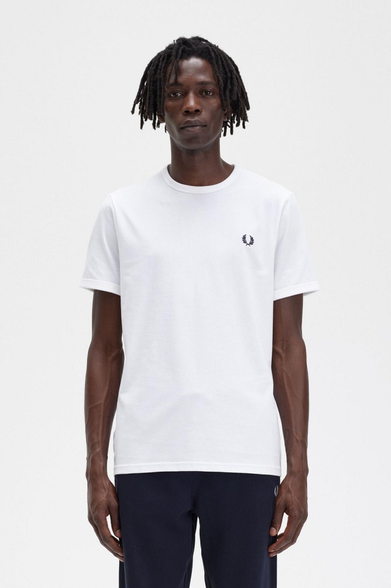 White Fred Perry Ringer Men\'s T Shirts | QSGWA93297