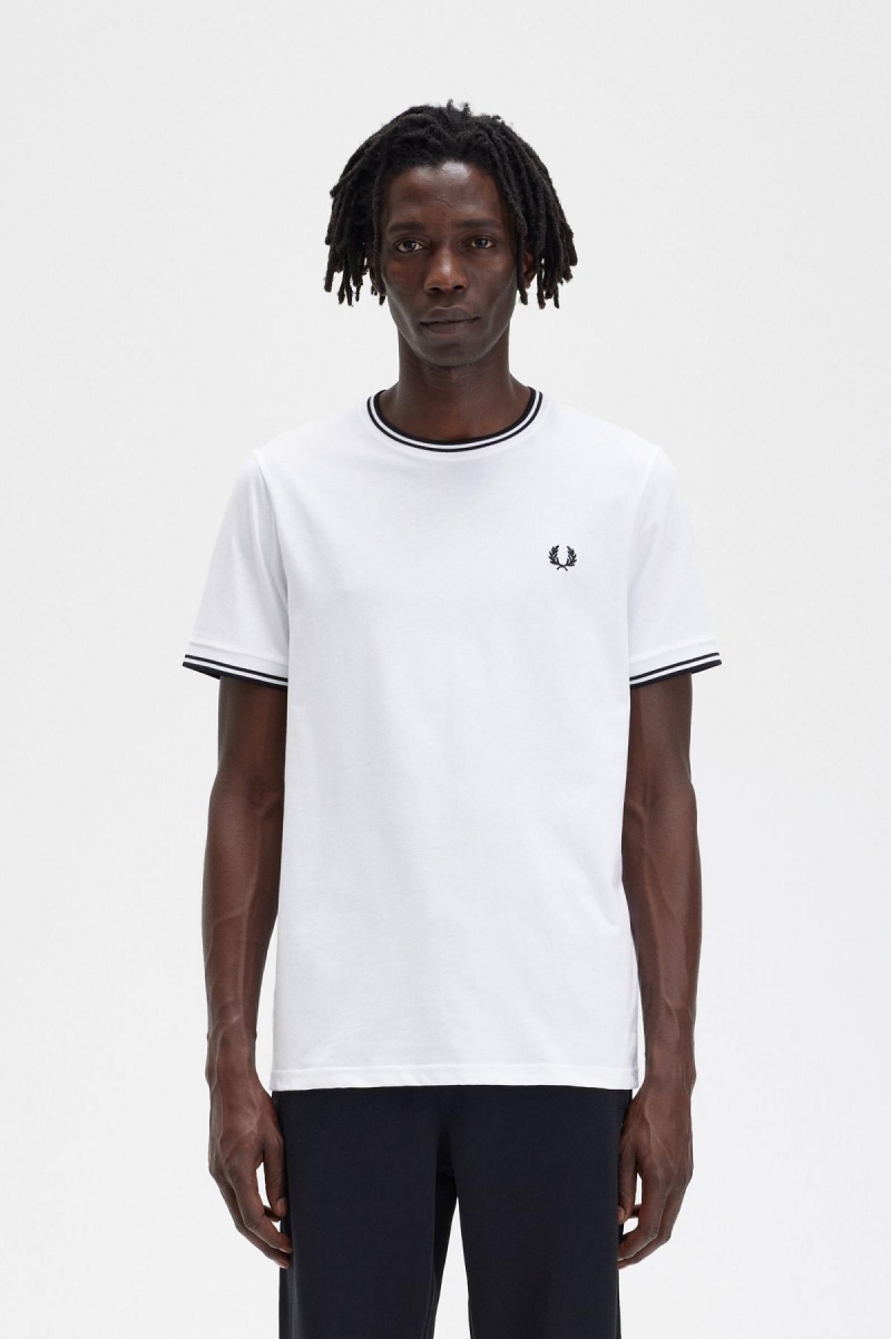 White Fred Perry Twin Tipped Men's T Shirts | SGJBT52678