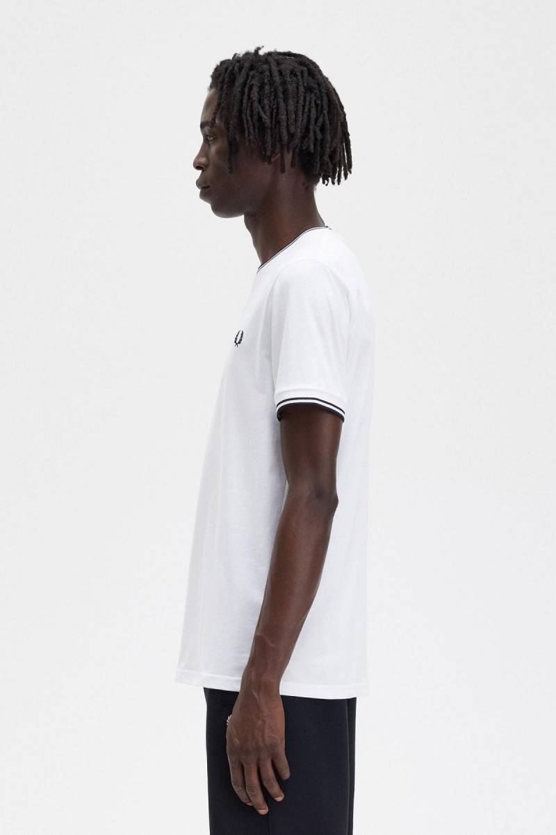 White Fred Perry Twin Tipped Men's T Shirts | SGJBT52678