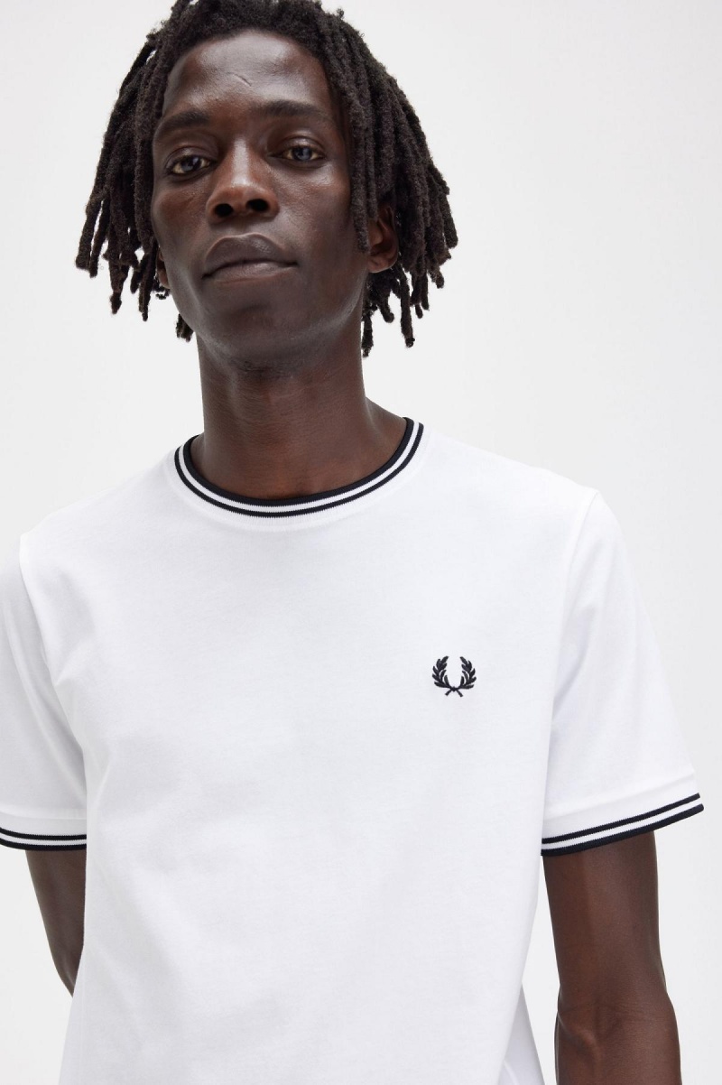 White Fred Perry Twin Tipped Men's T Shirts | SGJBT52678