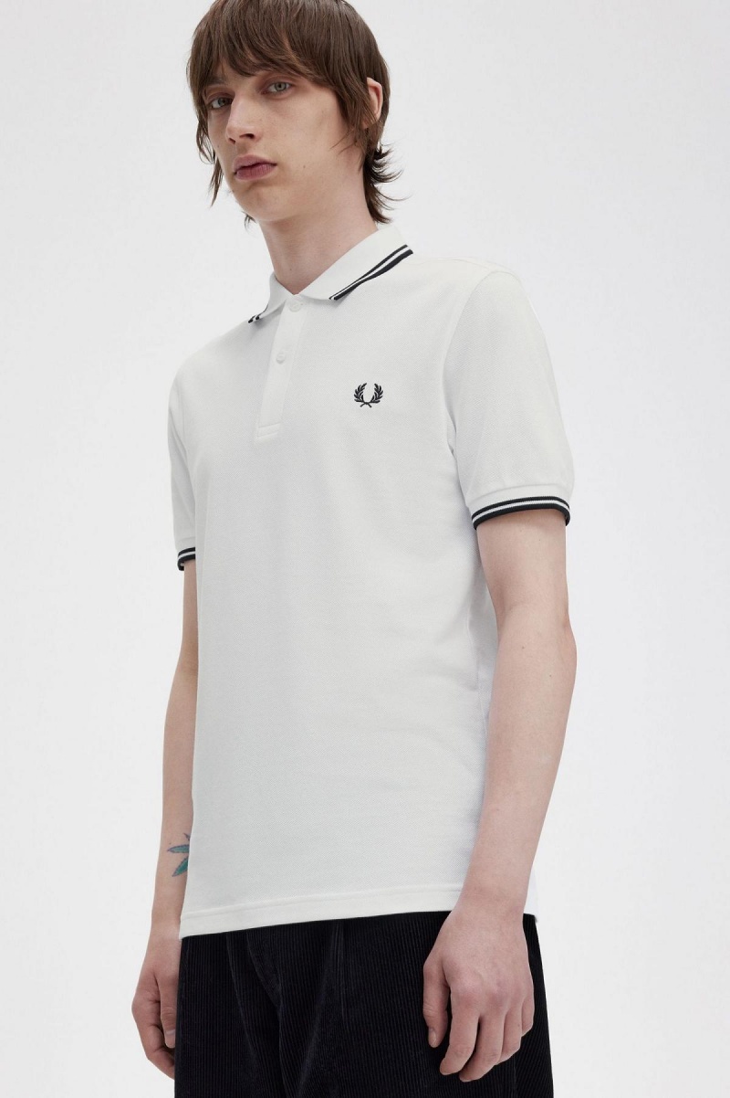 White / Black / Black Fred Perry M3600 Men's Polo Shirts | SGQCS49314