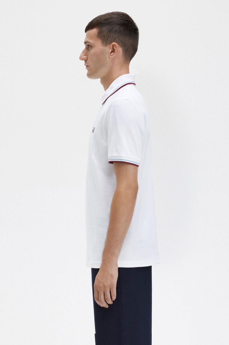 White / Ice / Maroon Fred Perry M12 Men's Polo Shirts | SGZPD52427