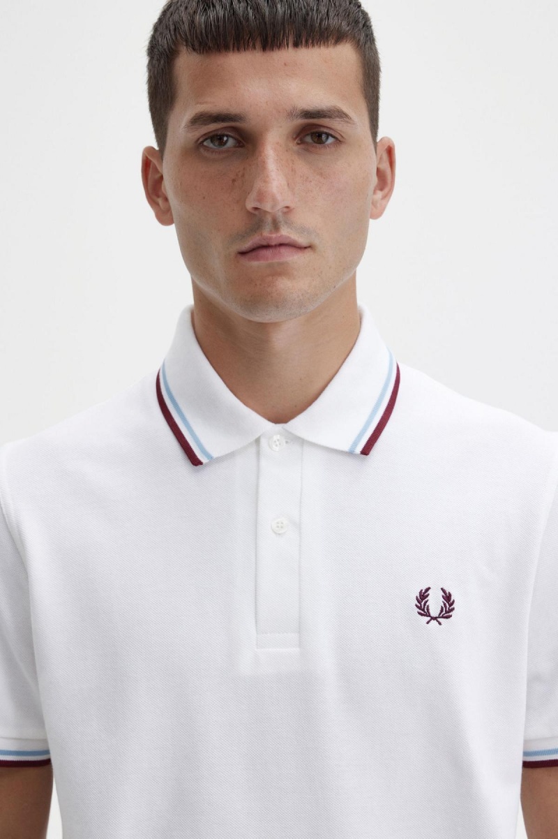 White / Ice / Maroon Fred Perry M12 Men's Polo Shirts | SGZPD52427