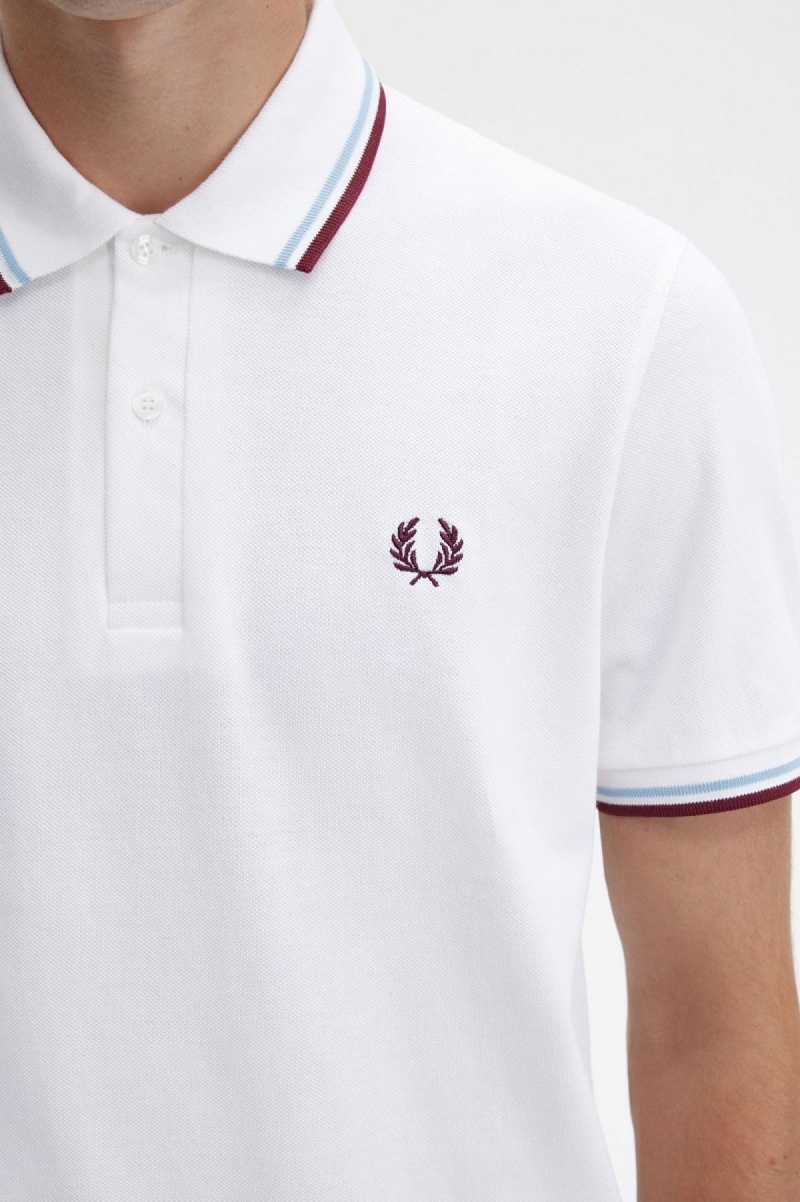 White / Ice / Maroon Fred Perry M12 Men's Polo Shirts | SGZPD52427