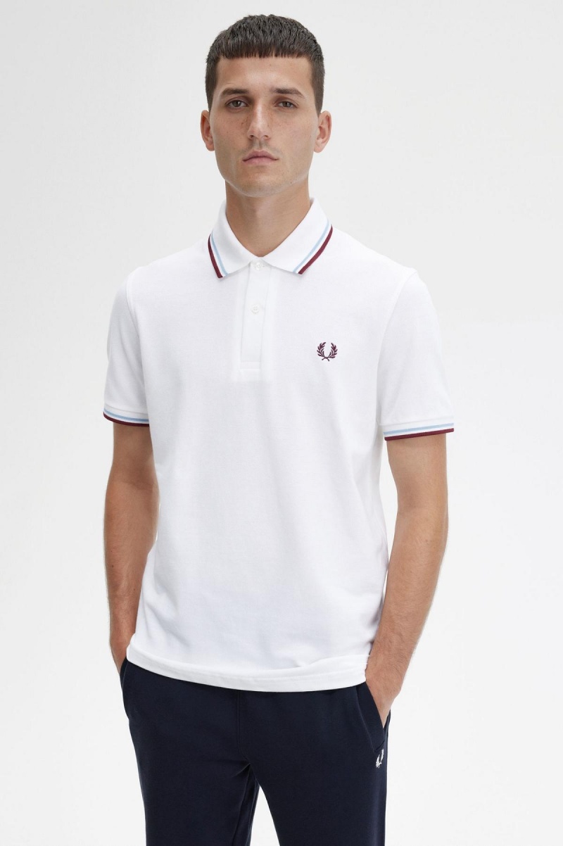 White / Ice / Maroon Fred Perry M12 Men's Polo Shirts | SGZPD52427