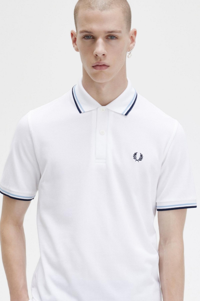 White / Ice / Navy Fred Perry M12 Men's Polo Shirts | YSGGT25487