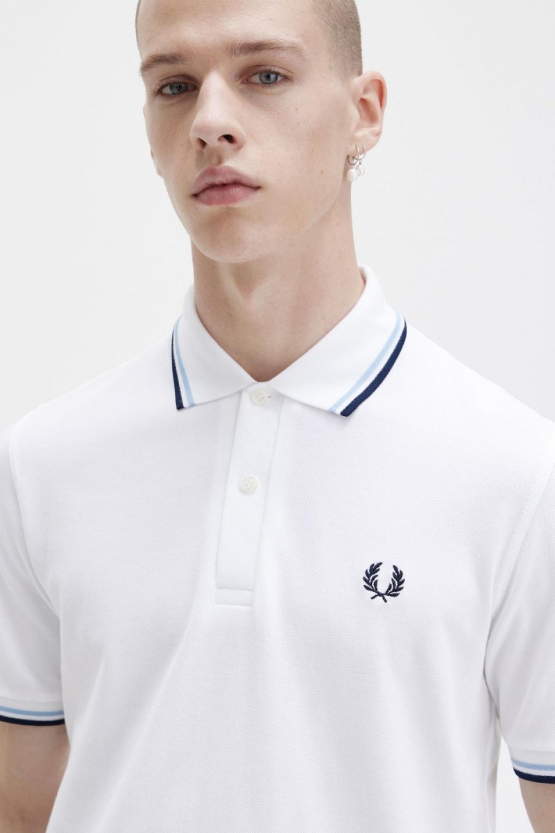 White / Ice / Navy Fred Perry M12 Men's Polo Shirts | YSGGT25487