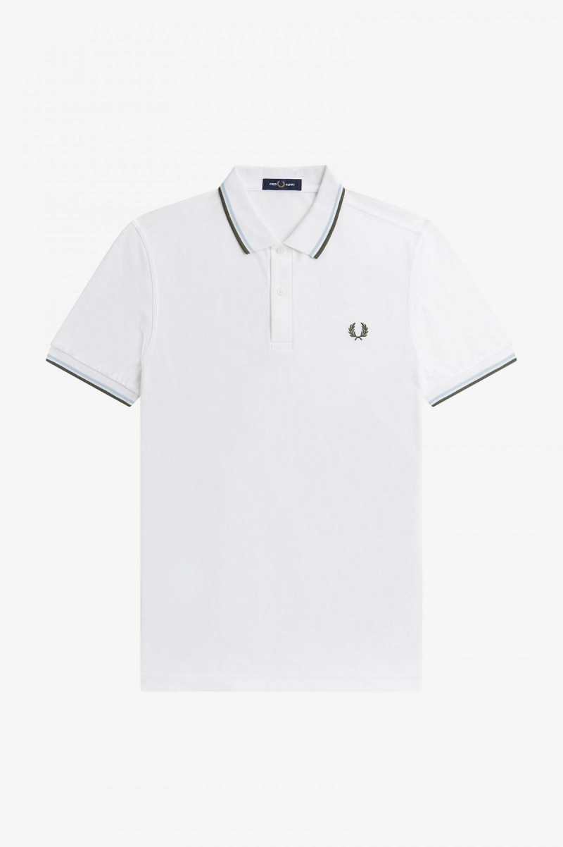 White / Light Ice / Field Green Fred Perry M3600 Men's Fred Perry Shirt | TSGWZ78446