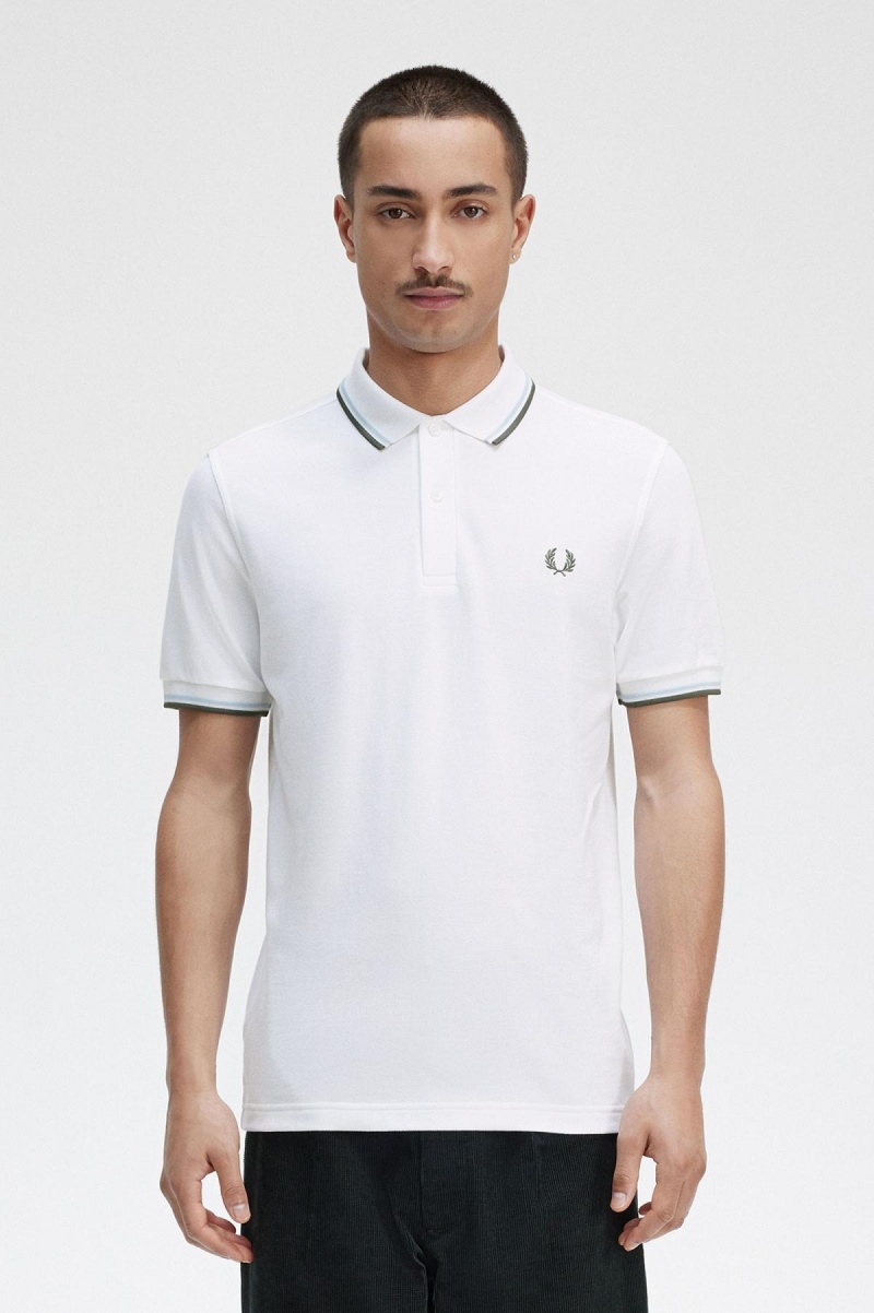 White / Light Ice / Field Green Fred Perry M3600 Men's Fred Perry Shirt | TSGWZ78446