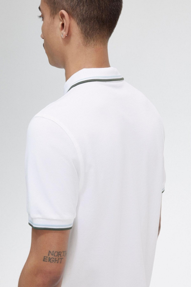 White / Light Ice / Field Green Fred Perry M3600 Men's Polo Shirts | SGCVG24761