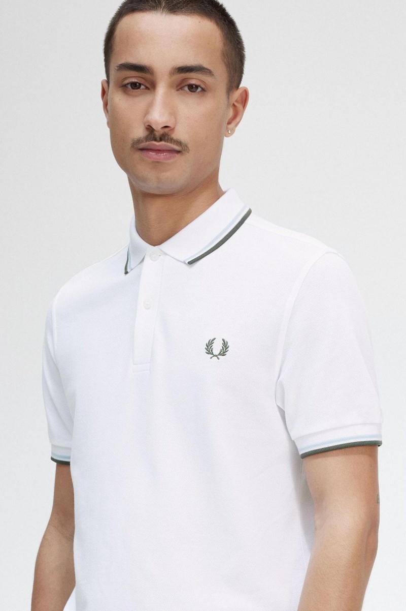 White / Light Ice / Field Green Fred Perry M3600 Men's Polo Shirts | SGCVG24761